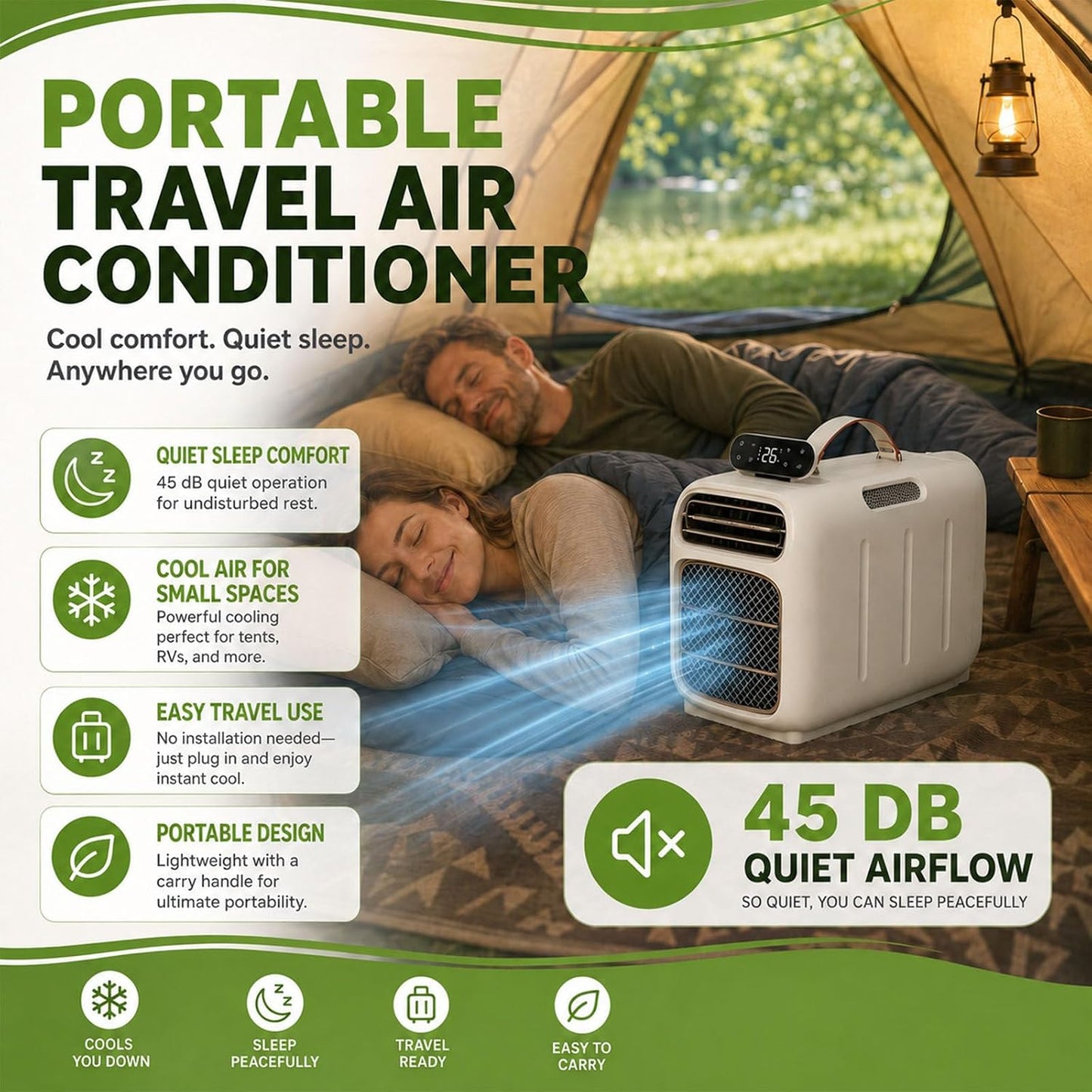  Climatiseur De Voyage Portable,Climatiseur Mobile De 4700 Btu,Unité De Climatisation De Camping Avec Conception À Auto-Évaporation,Flux D'air Silencieux De 45Db,Télécommande Cooling+Heating