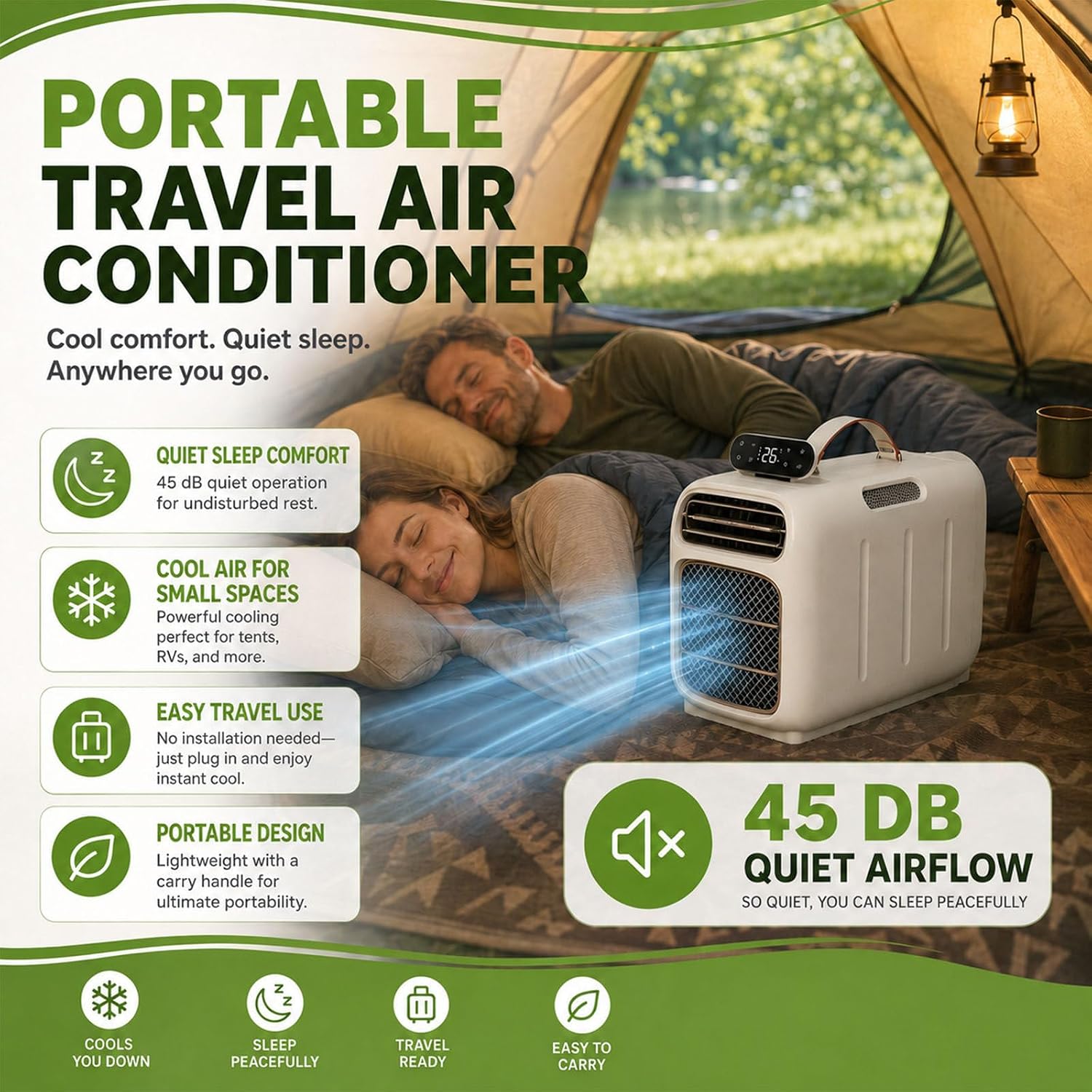  Climatiseur De Voyage Portable,Climatiseur Mobile De 4700 Btu,Unité De Climatisation De Camping Avec Conception À Auto-Évaporation,Flux D'air Silencieux De 45Db,Télécommande Cooling+Heating