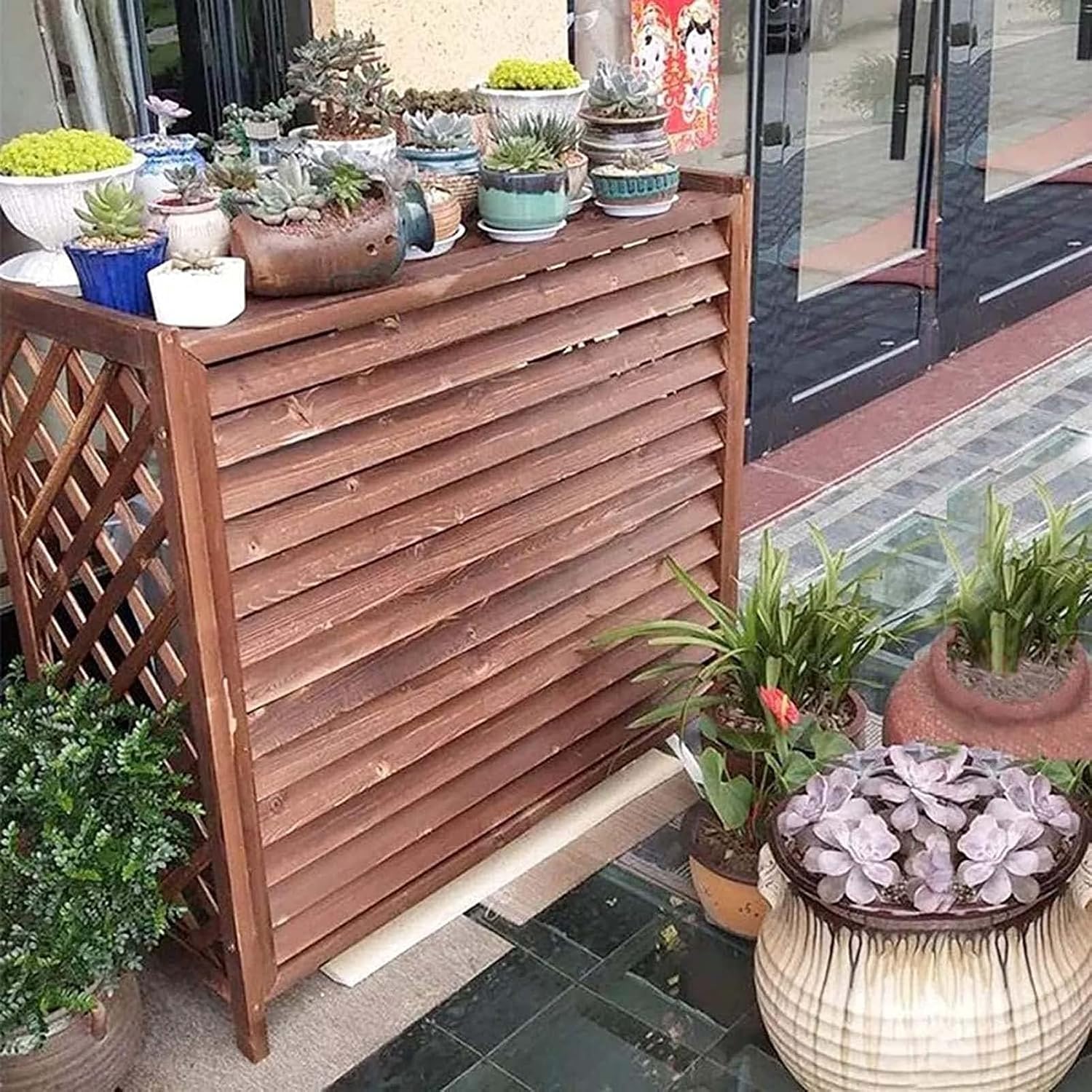  Housse De Climatiseur Extérieur En Bois, Condenseur Extérieur à Persiennes, Support Pour Plantes Marron, Boîtier De Poubelle Dissimulé, Facile à Installer