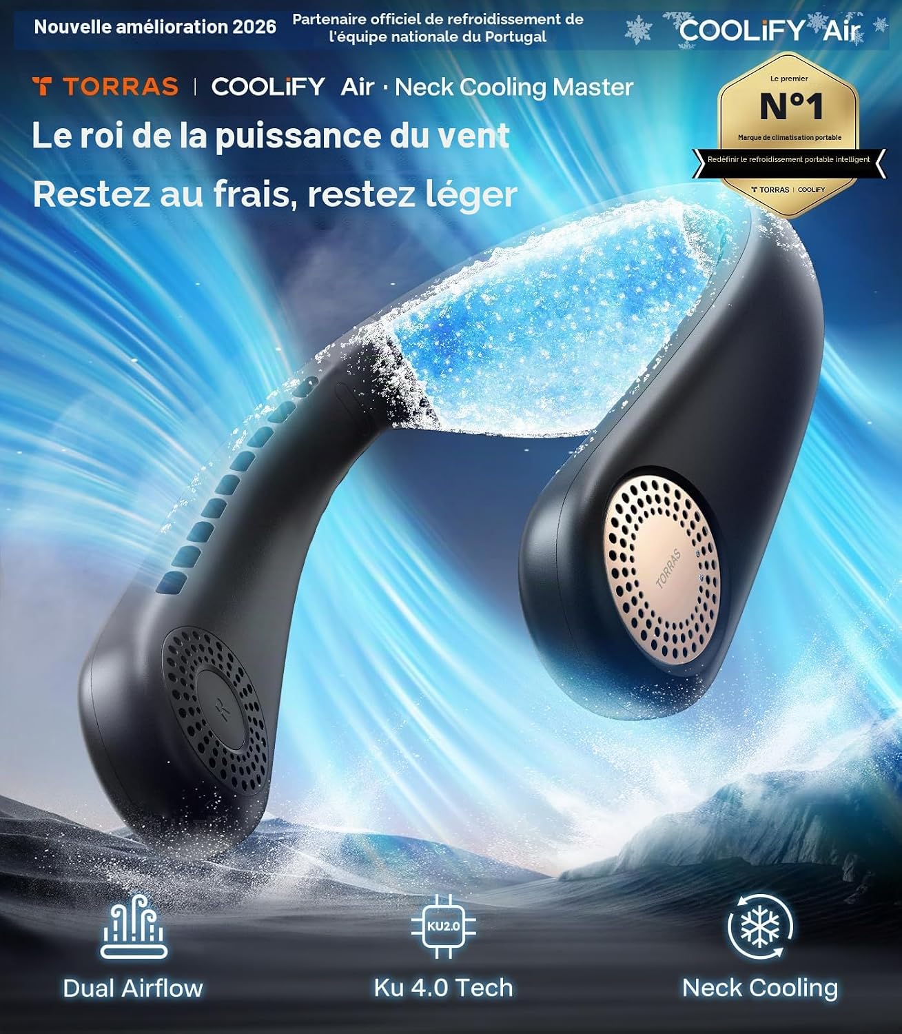  TORRAS COOLiFY Air 2025 Ventilateur De Cou Amélioré Climatiseur, Refroidissement Pro à Double Flux D'air, Ventilateur Portable Ultra-léger Rechargeable, Ventilateur De Refroidissement Personnel