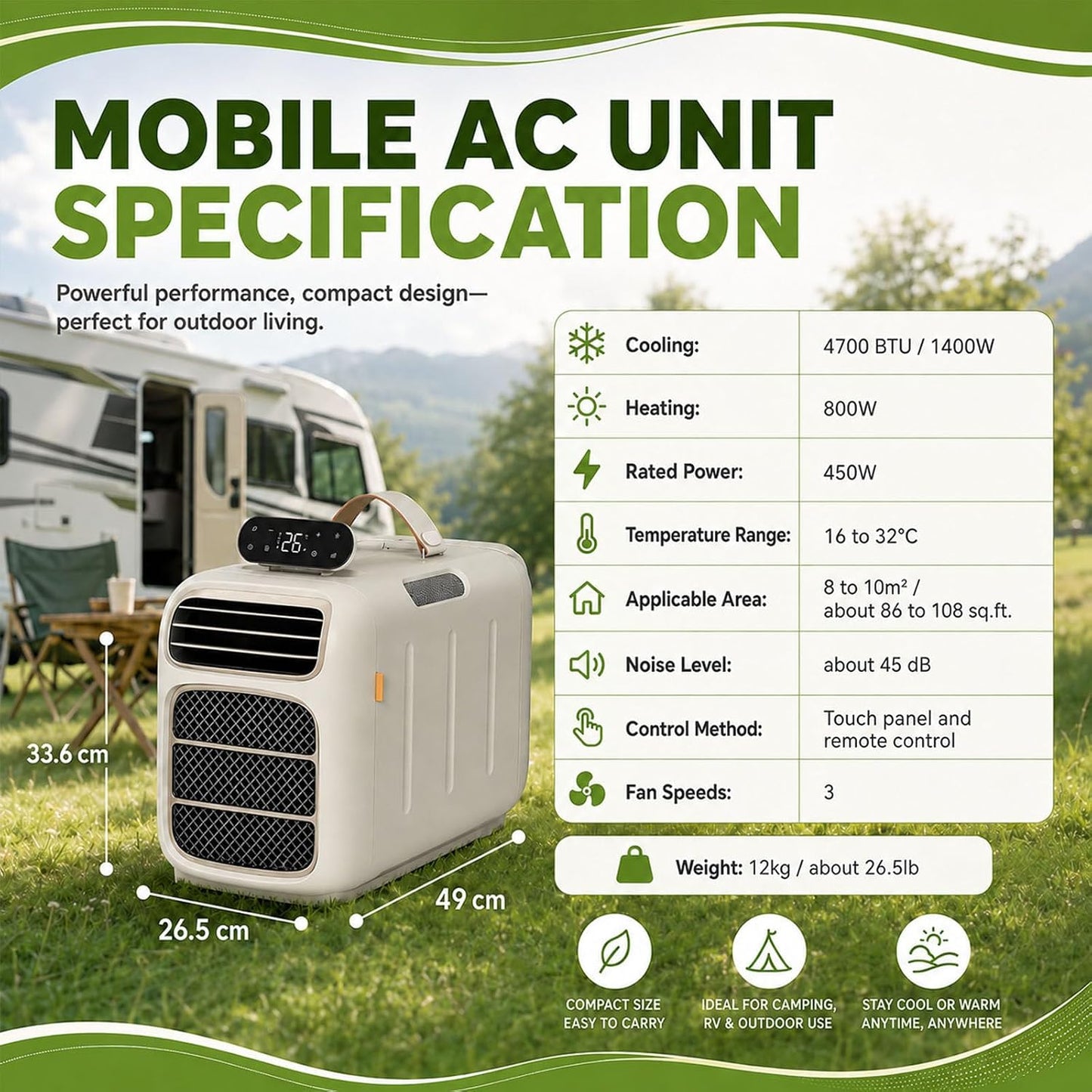  Climatiseur De Voyage Portable,Climatiseur Mobile De 4700 Btu,Unité De Climatisation De Camping Avec Conception À Auto-Évaporation,Flux D'air Silencieux De 45Db,Télécommande Cooling+Heating