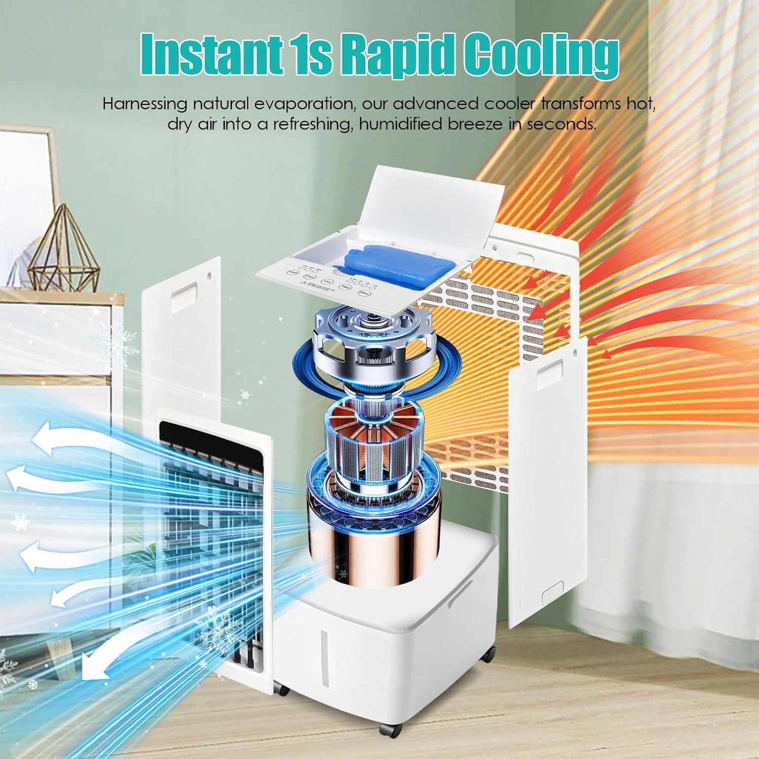  Rafraîchisseur D'air Évaporatif 12L (Alternative Climatiseur Mobile Sans Évacuation), 800 M³/h Puissant Portable, 3-en-1 Ventilateur & Humidificateur Avec Télécommande, Minuteur 12H, 6 Pains De Glace