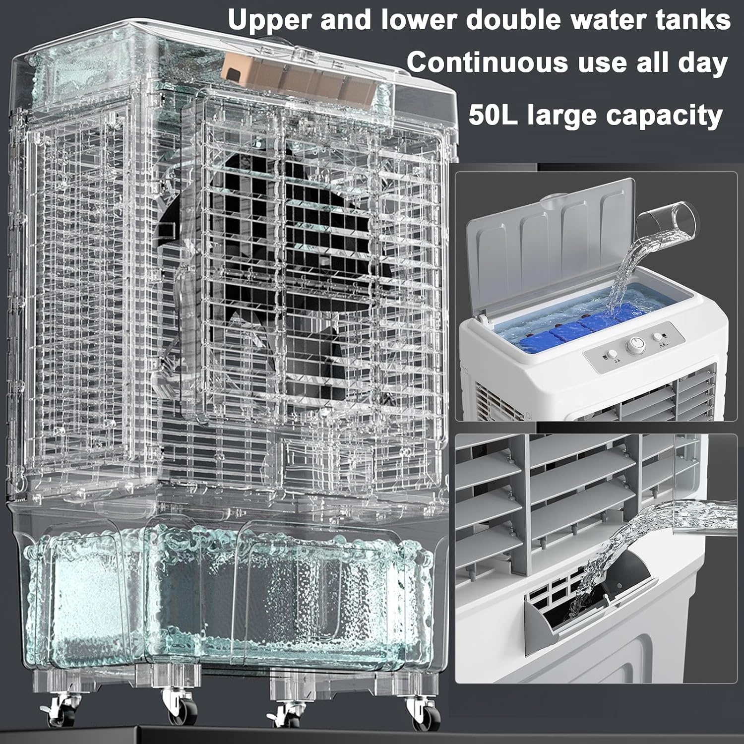  Climatiseur Mobile Industriel, Refroidisseur D'air Par évaporation Portable Avec 3 Vitesses, 3 Glacières, Oscillation à 120° - Ventilateur Refroidisseur D'eau Pour Usage Intérieur Et Extérieur