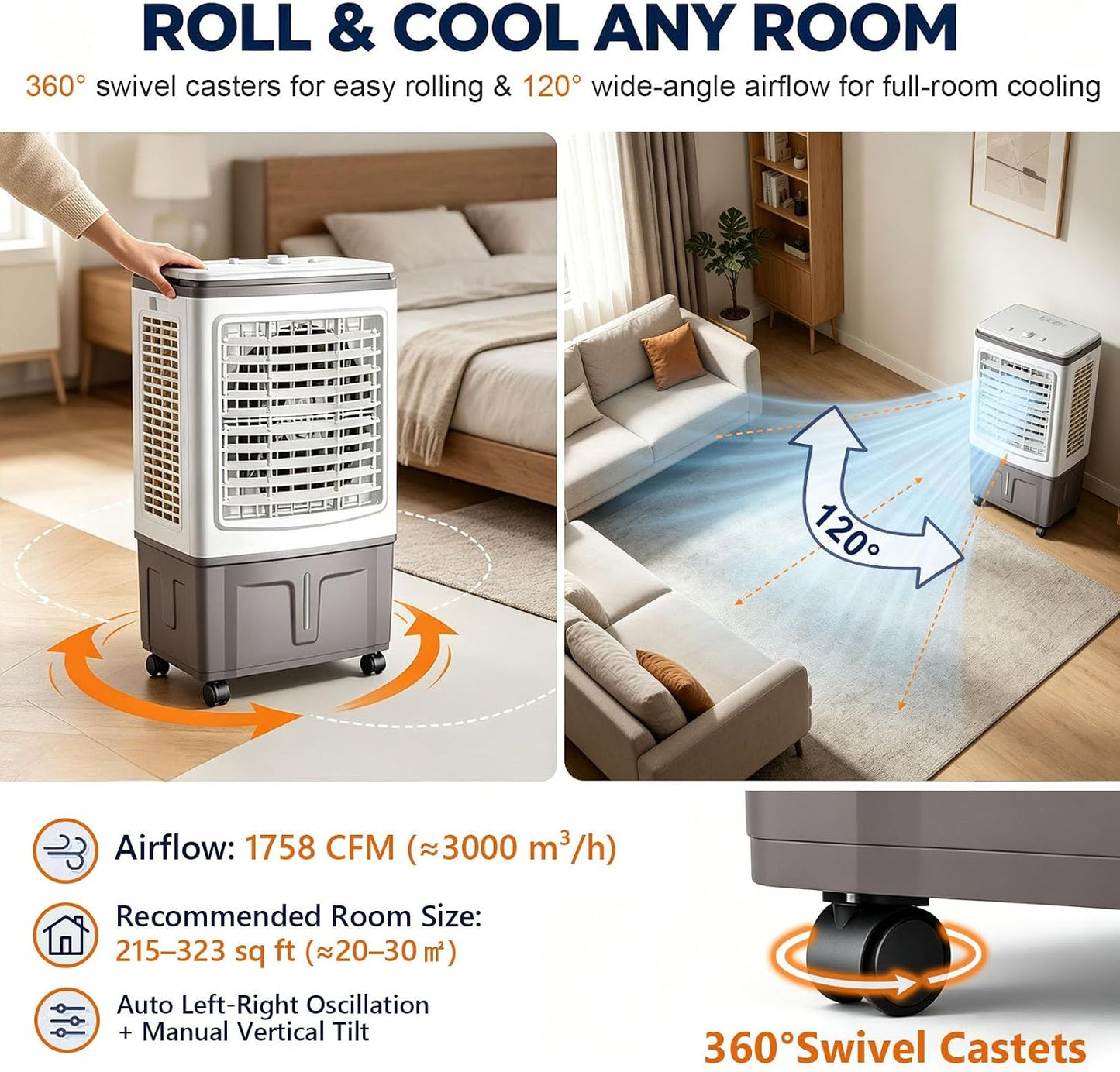 GENERIC Ventilateur Refroidisseur D'air Portable 3 En 1, Réservoir 30 L, Rideau 3 Côtés, Oscillation 120°, 4 Roues, 3 Réglages De Vitesse, Sans Tuyau, 100 W, Avec Blocs De Glace, For Tente D'atelier