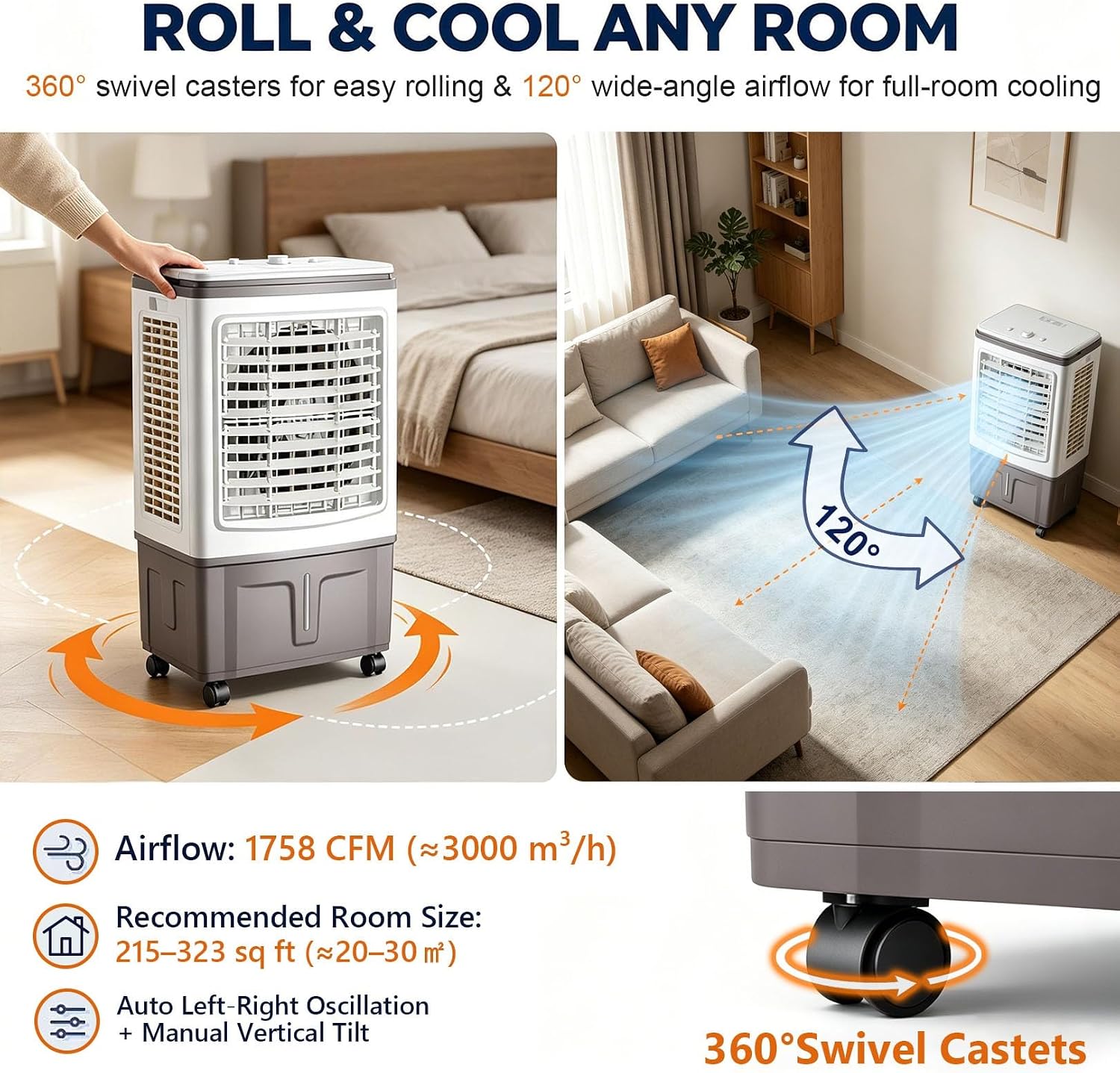 GENERIC Ventilateur Refroidisseur D'air Portable 3 En 1, Réservoir 30 L, Rideau 3 Côtés, Oscillation 120°, 4 Roues, 3 Réglages De Vitesse, Sans Tuyau, 100 W, Avec Blocs De Glace, For Tente D'atelier
