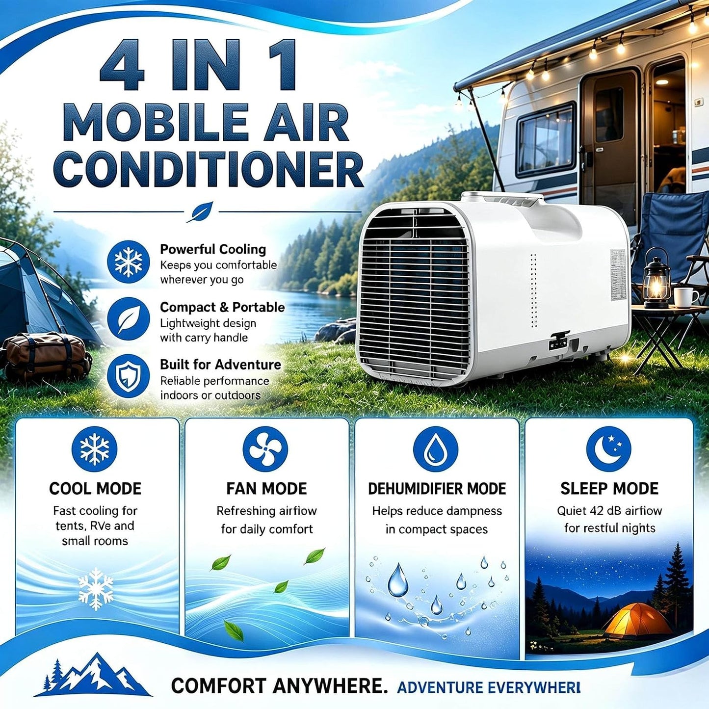  Climatiseur De Caravane Portable, Climatiseur De Camping 5100 BTU Pour Tentes, Basse Consommation 400W Refroidissement 1500W Pour Camping-Car Et Van, Climatiseur 4 En 1 Avec Tuyau V1