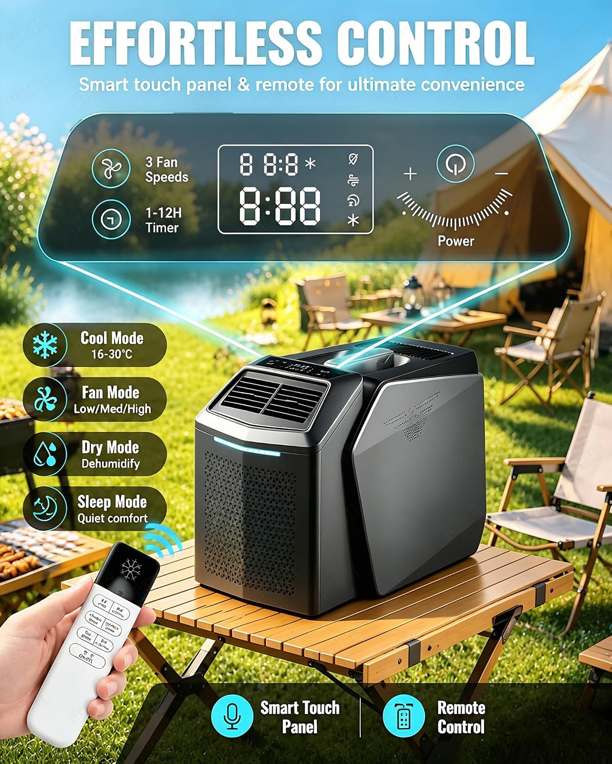  Climatiseur Portable Camping, Climatiseur Mobile Split, 6200 BTU, 550W Énergie Éco, Fonction Sans Vidange, Reglable 16-32℃, 4 Modes, Compact Avec Poignée Pour Tente, Caravane, Van Life