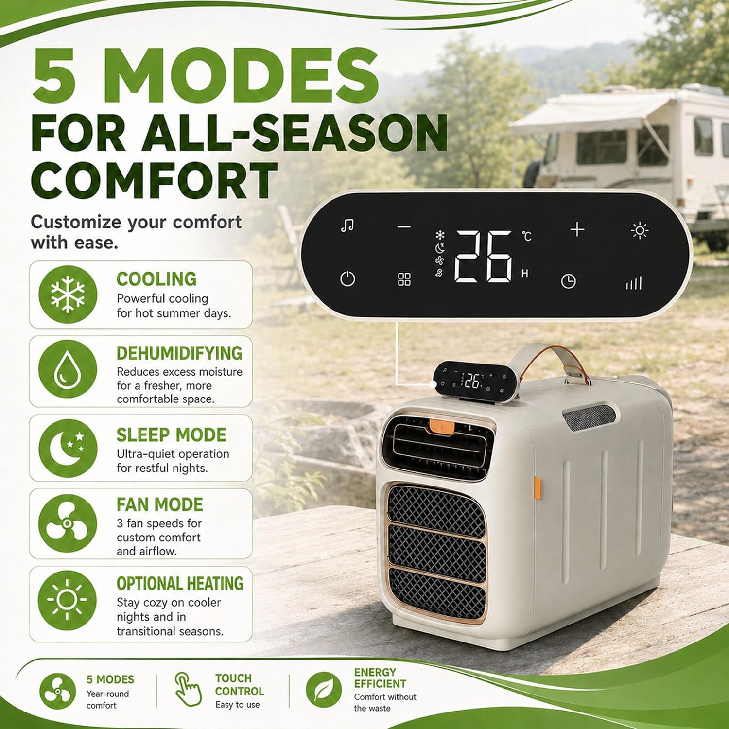  Climatiseur De Voyage Portable,Climatiseur Mobile De 4700 Btu,Unité De Climatisation De Camping Avec Conception À Auto-Évaporation,Flux D'air Silencieux De 45Db,Télécommande Cooling+Heating