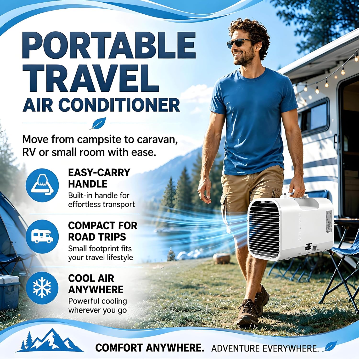  Climatiseur De Caravane Portable, Climatiseur De Camping 5100 BTU Pour Tentes, Basse Consommation 400W Refroidissement 1500W Pour Camping-Car Et Van, Climatiseur 4 En 1 Avec Tuyau V1