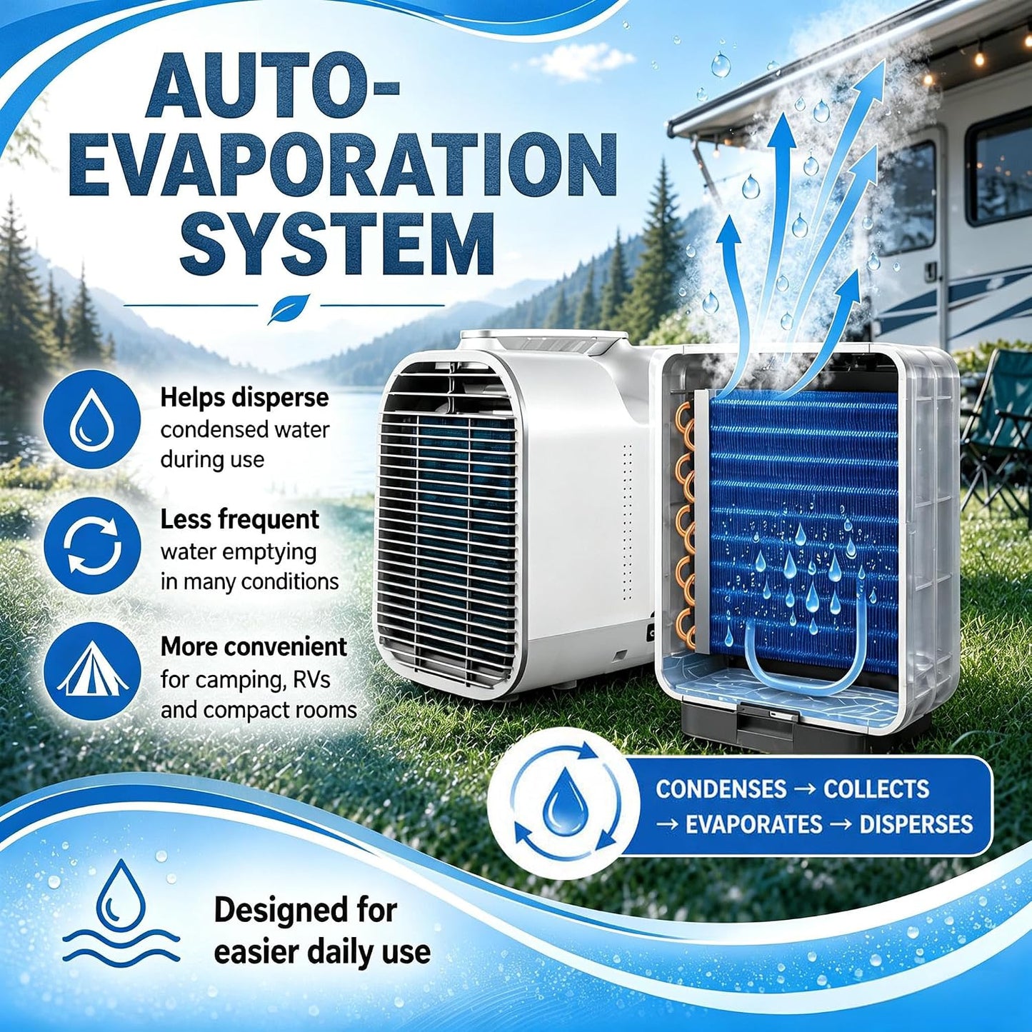  Climatiseur De Caravane Portable, Climatiseur De Camping 5100 BTU Pour Tentes, Basse Consommation 400W Refroidissement 1500W Pour Camping-Car Et Van, Climatiseur 4 En 1 Avec Tuyau V1