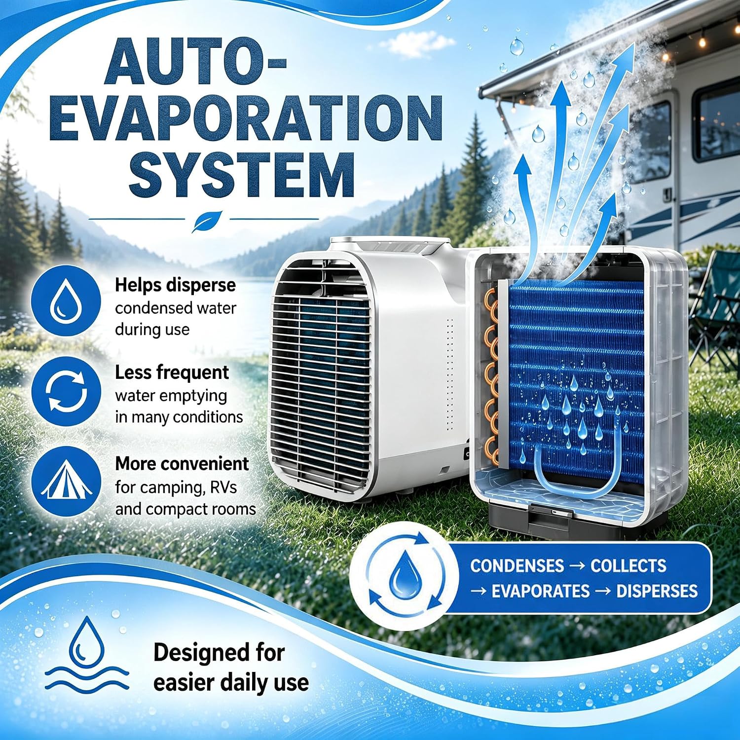  Climatiseur De Caravane Portable, Climatiseur De Camping 5100 BTU Pour Tentes, Basse Consommation 400W Refroidissement 1500W Pour Camping-Car Et Van, Climatiseur 4 En 1 Avec Tuyau V1